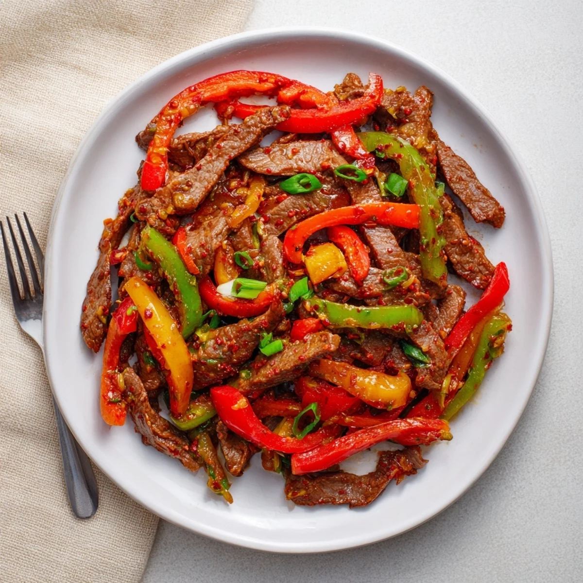 Steaming beef strips and colorful bell peppers in a wok, coated in a glossy, spicy sauce, for a quick weeknight dinner.  