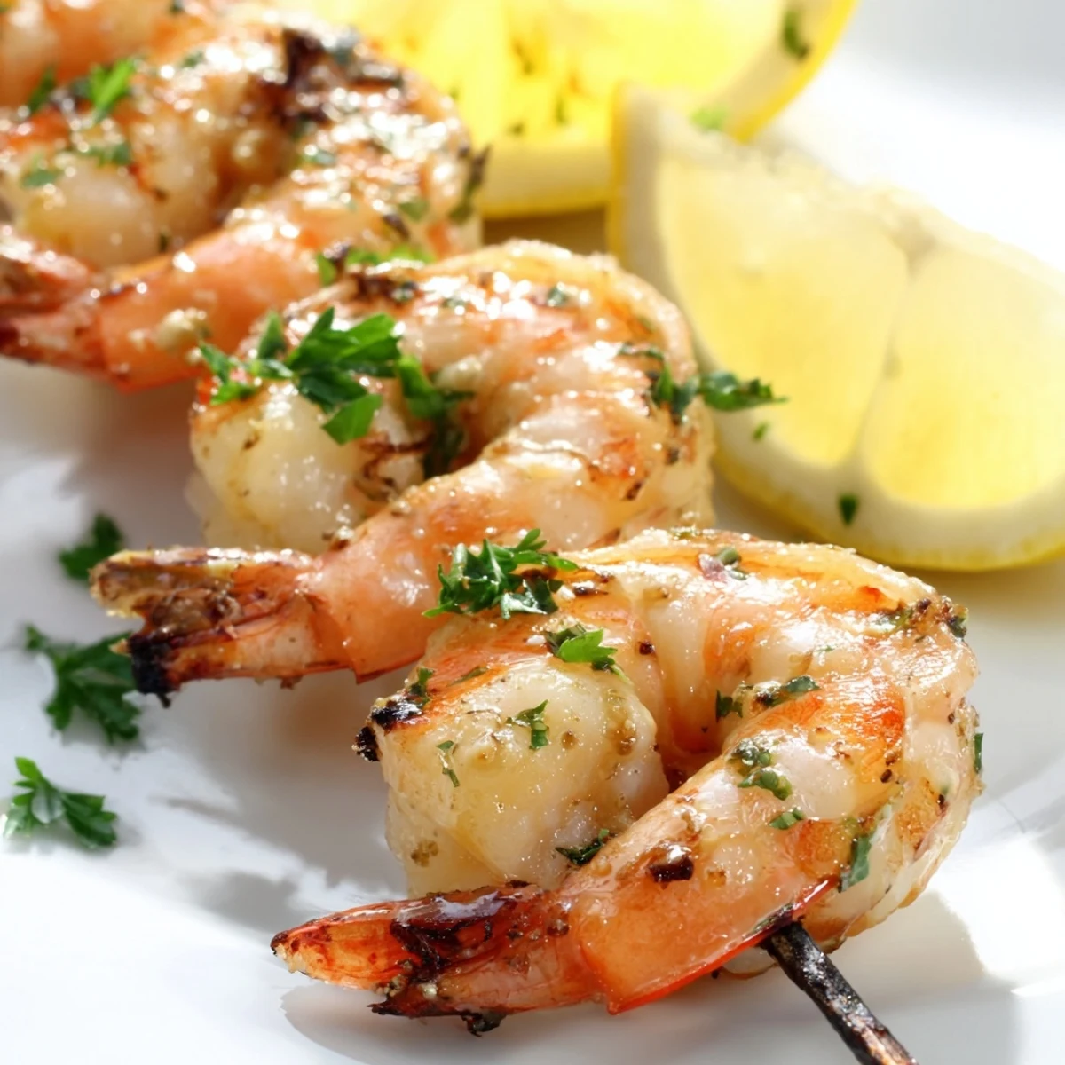 Grilled Lemon Garlic Shrimp Skewers glistening with olive oil, garnished with fresh parsley and lemon wedges on a rustic platter.  