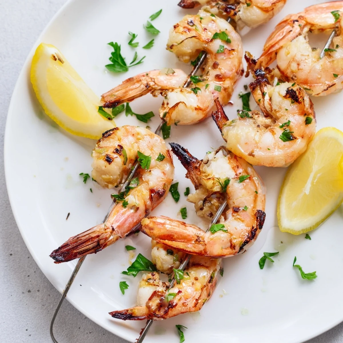 Lemon Garlic Shrimp Skewers served over fluffy rice with a side salad, ready for a delicious Mediterranean meal.
