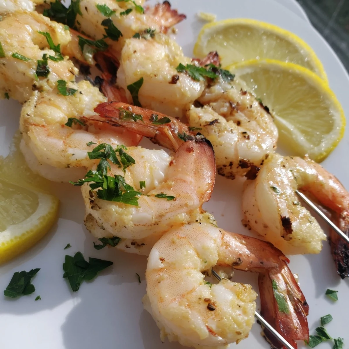 Close-up of sizzling Lemon Garlic Shrimp Skewers on a grill, showing charred edges and vibrant lemon zest.  