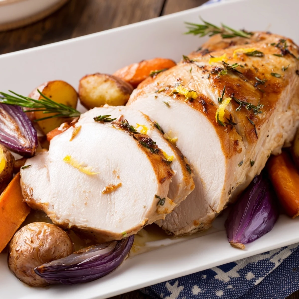 Sliced juicy Sheet Pan Lemon Herb Turkey Breast served on a platter with roasted vegetables and lemon wedges, ready to enjoy.