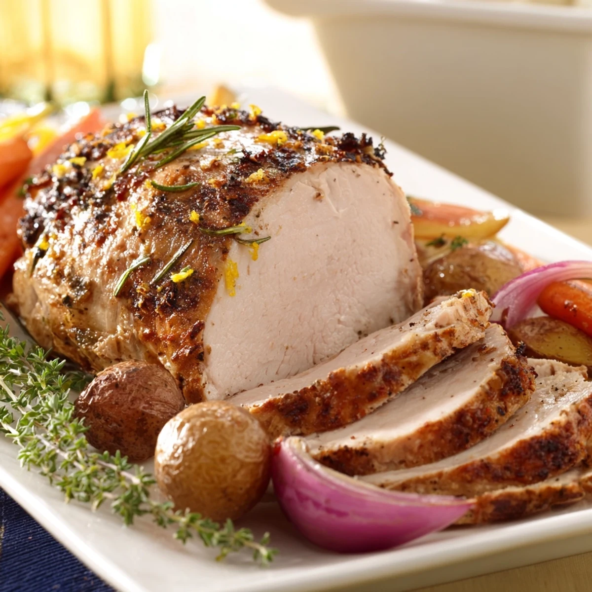 A rustic presentation of Sheet Pan Lemon Herb Turkey Breast alongside carrots and potatoes, steaming on a sheet pan.