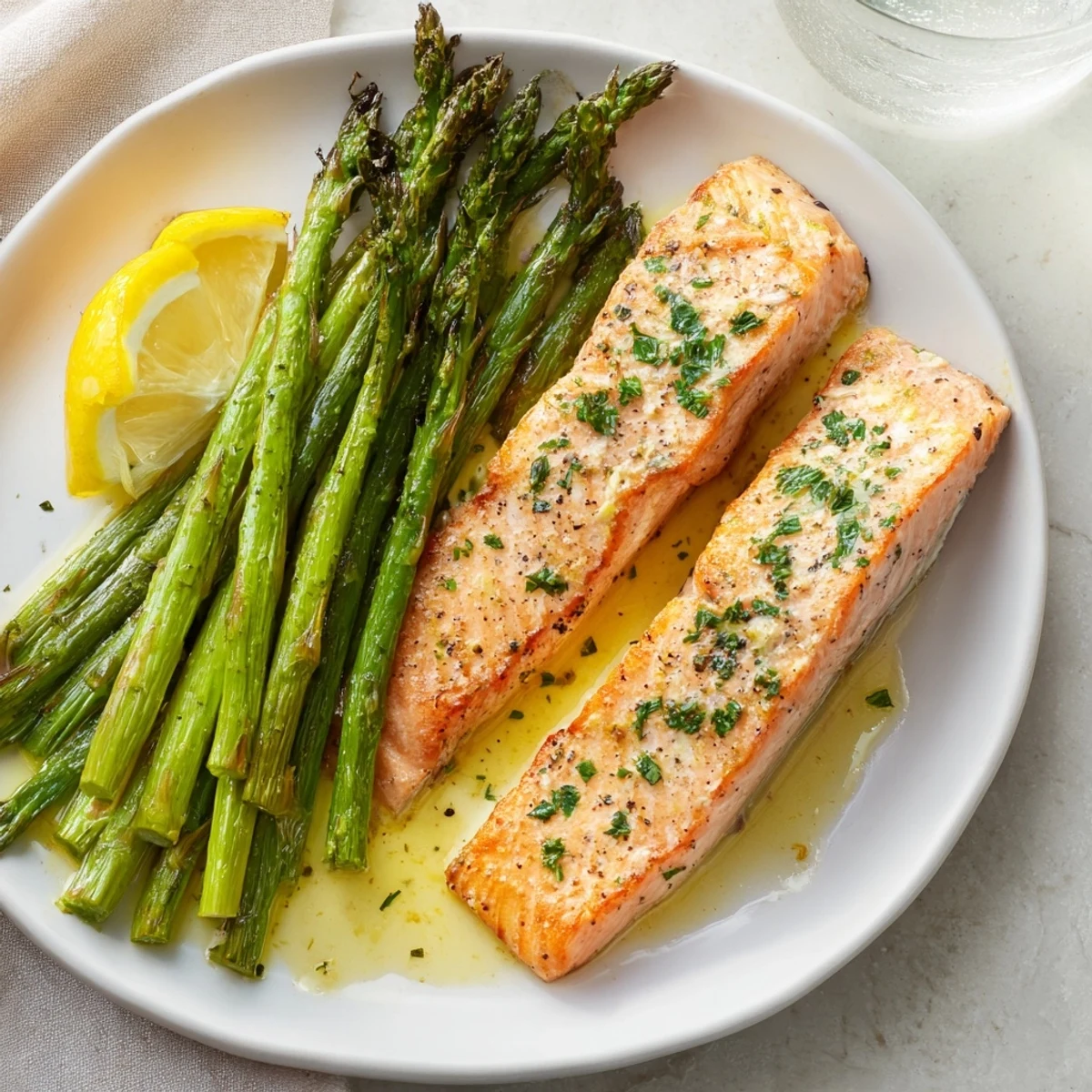 Golden-brown Lemon Garlic Butter Salmon fillets rest beside vibrant roasted asparagus spears on a baking sheet, garnished with fresh parsley.