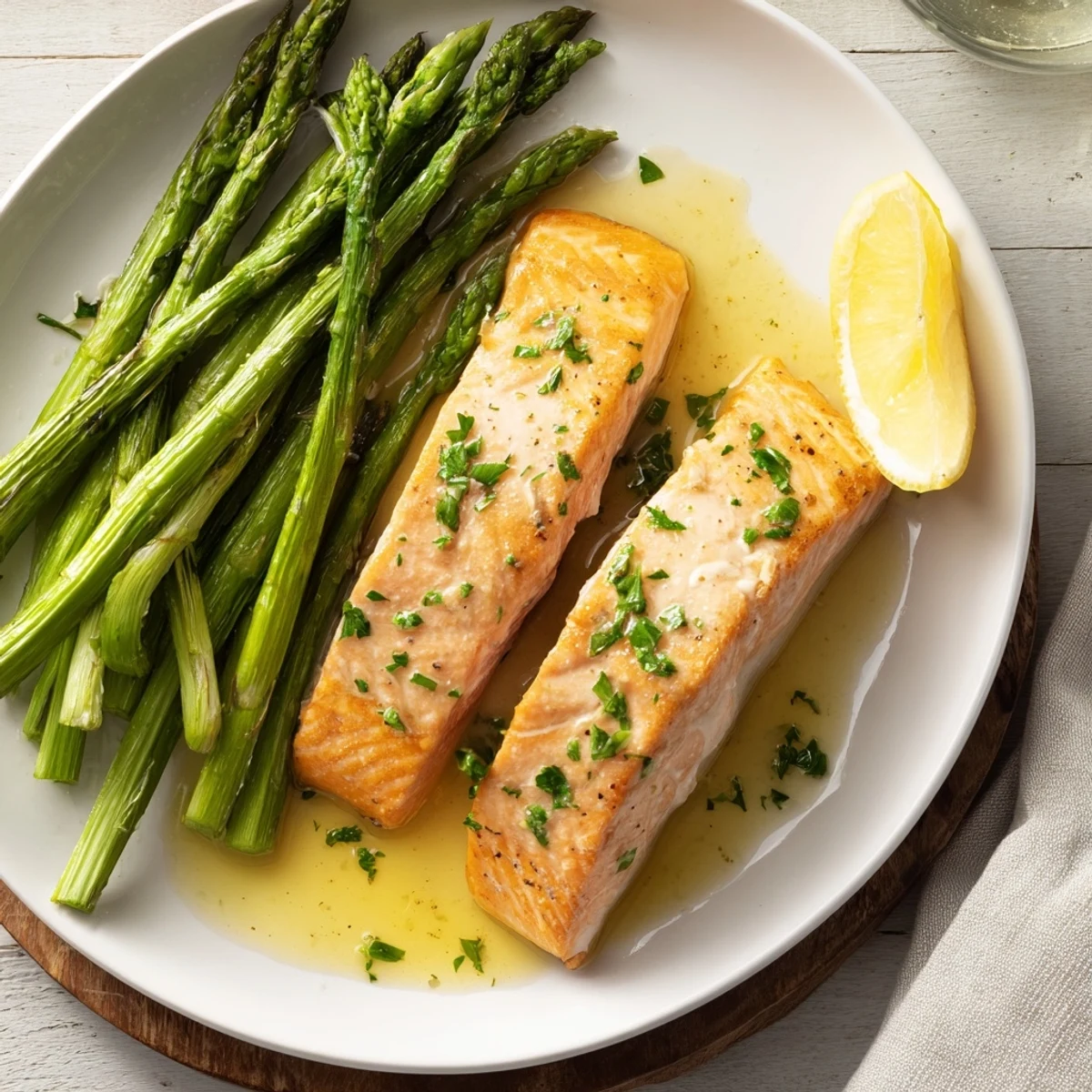 Flaky baked salmon fillets in a zesty lemon garlic butter sauce, paired with roasted asparagus and fresh lemon slices.