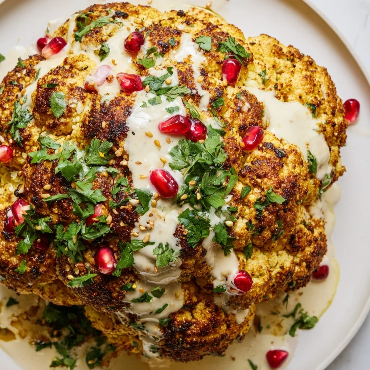 Golden-brown whole roasted cauliflower with tahini drizzle, garnished with parsley and sesame seeds.