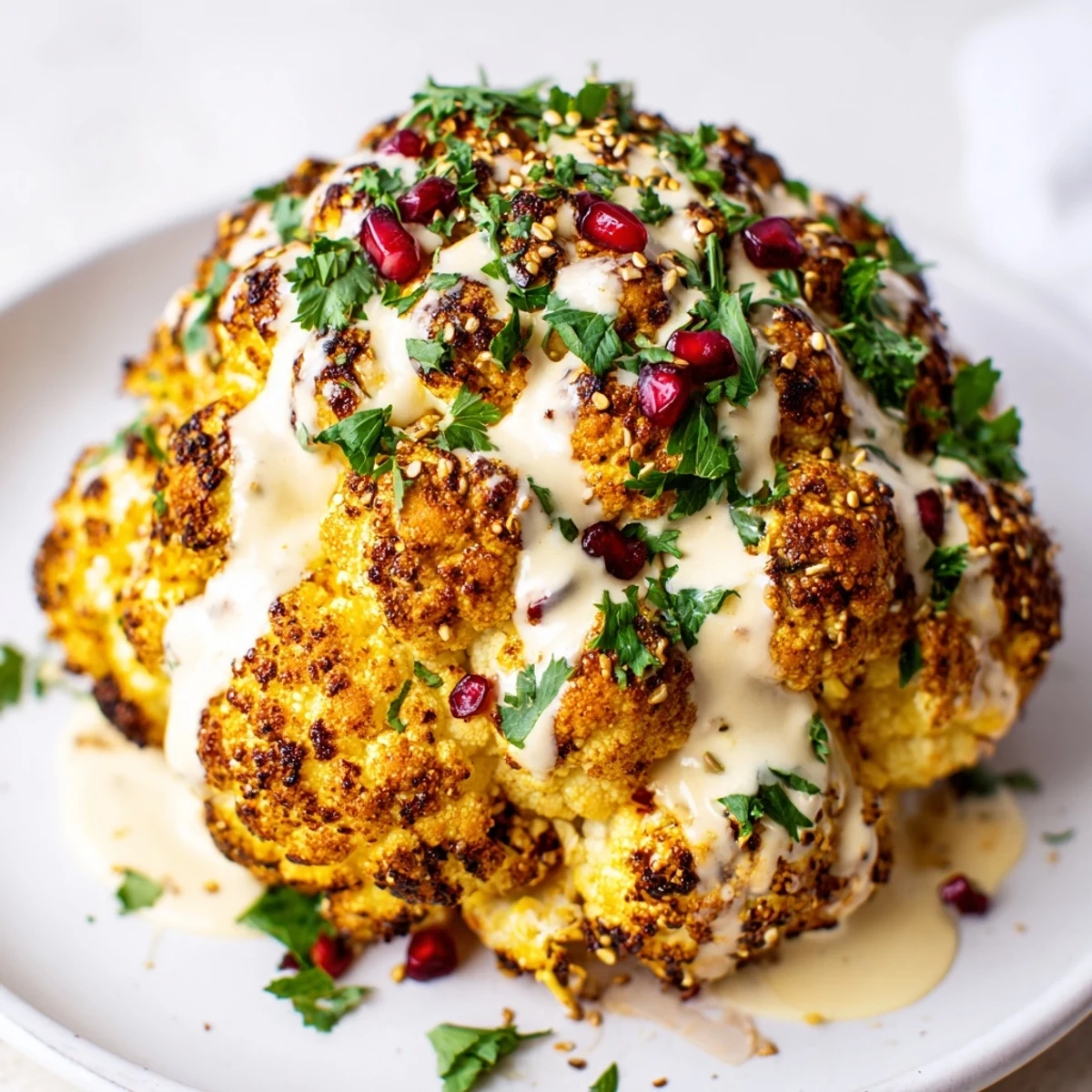 A whole roasted cauliflower with tahini drizzle, topped with pomegranate seeds and parsley.