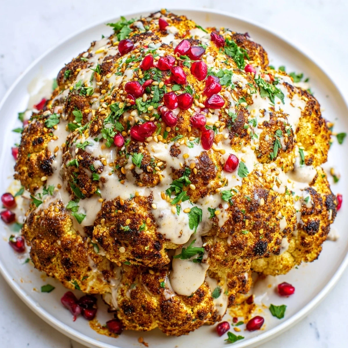 Whole roasted cauliflower with tahini drizzle, plated over couscous with warm pita wedges.