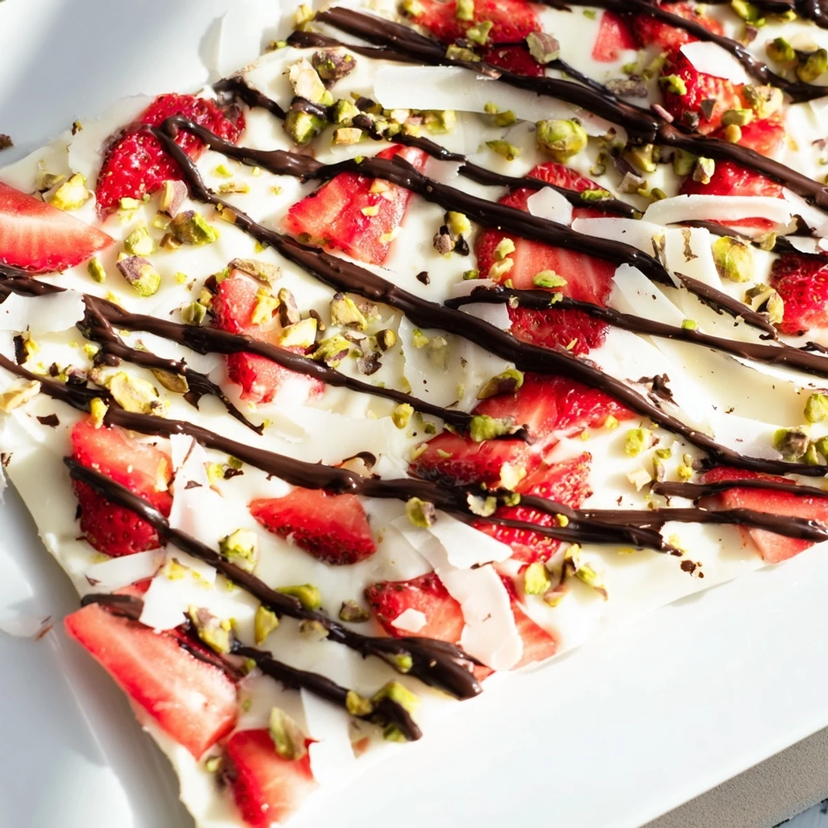 A close-up of frozen Chocolate Covered Strawberry Yogurt Bark pieces on a marble surface, with vibrant red strawberries and glossy chocolate drizzle glistening.  