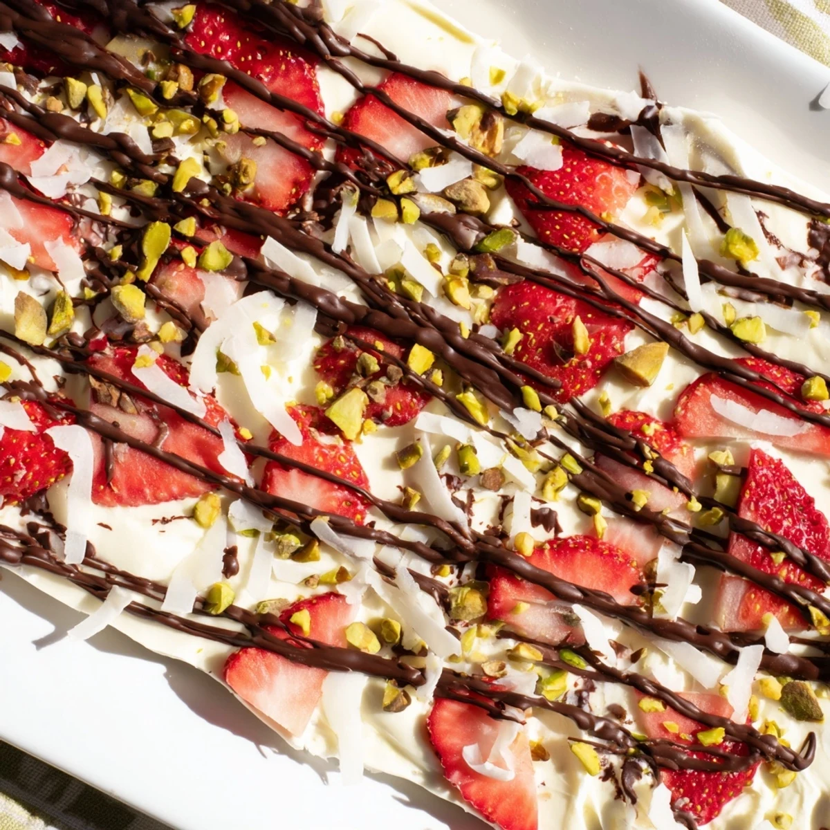 Frozen yogurt bark topped with sliced strawberries and dark chocolate, broken into rustic shards for a healthy, refreshing snack or dessert.  