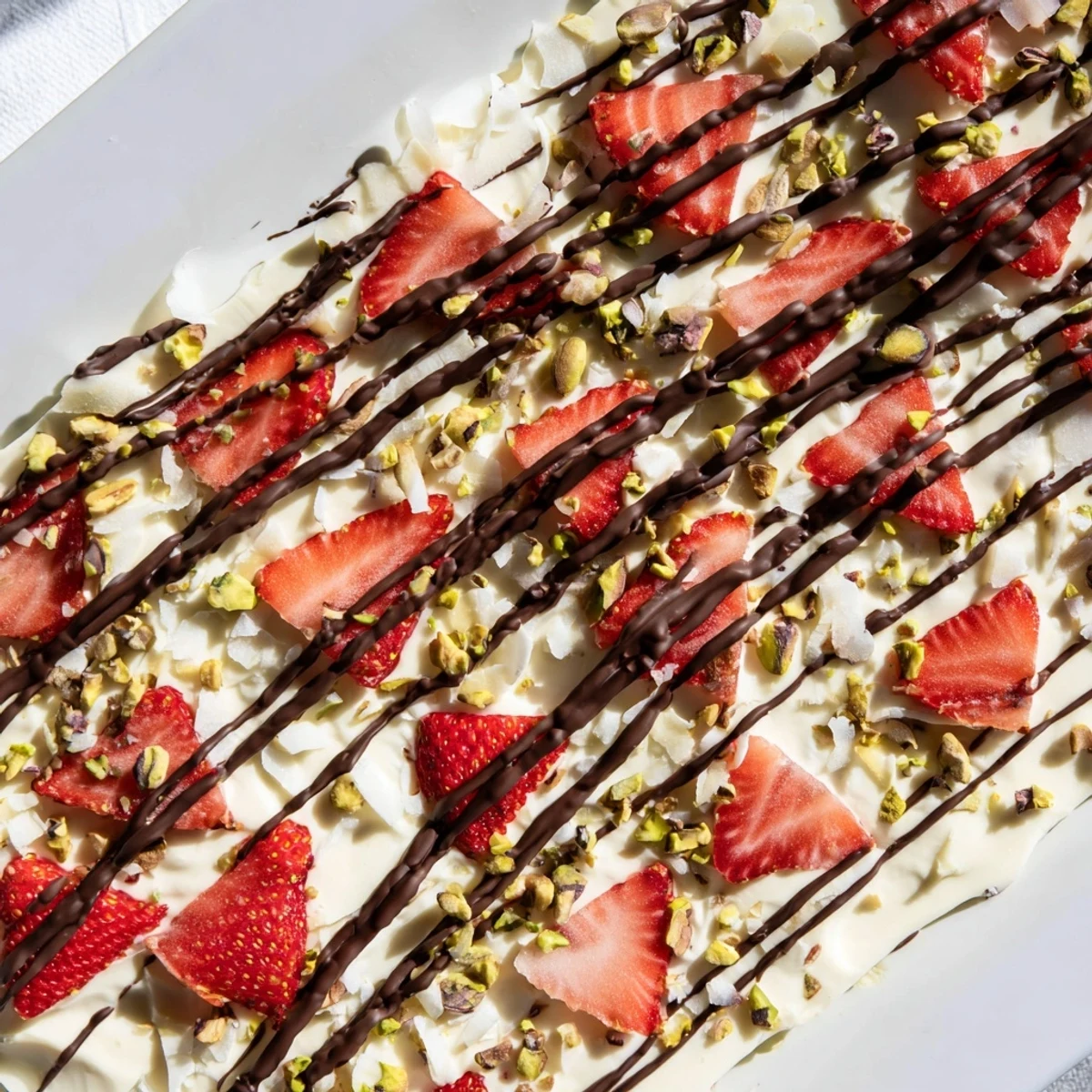 Vibrant fresh strawberries embedded in creamy Greek yogurt bark, drizzled with rich dark chocolate, ready to be served as a cool summer treat.