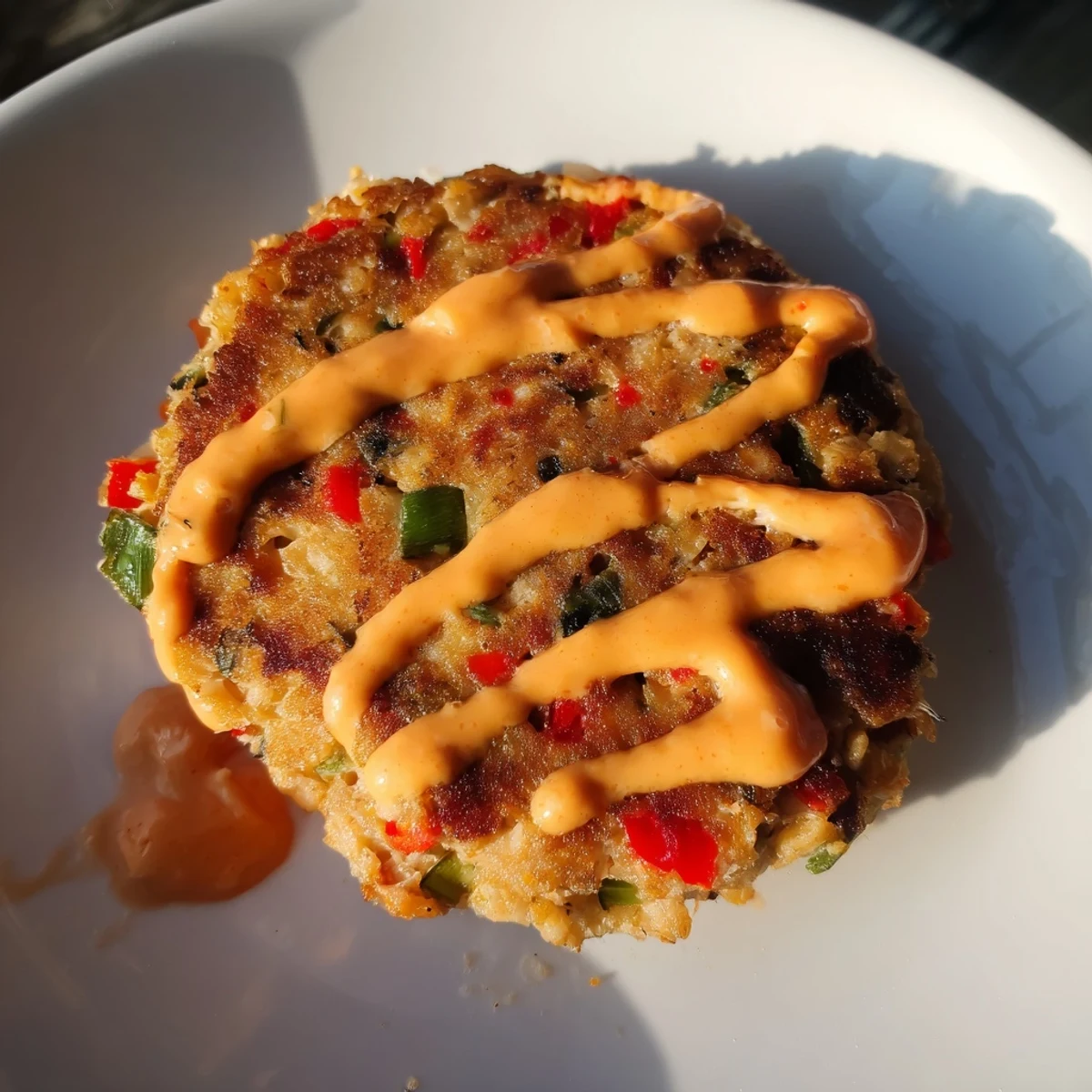 Golden-brown Spicy Tuna Cakes with Sriracha Mayo drizzled over the top, garnished with fresh cilantro.