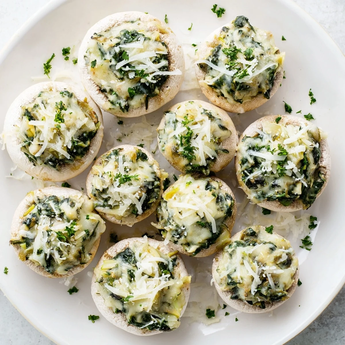 Warm Cheesy Spinach and Artichoke Stuffed Mushrooms on a rustic wooden serving board.