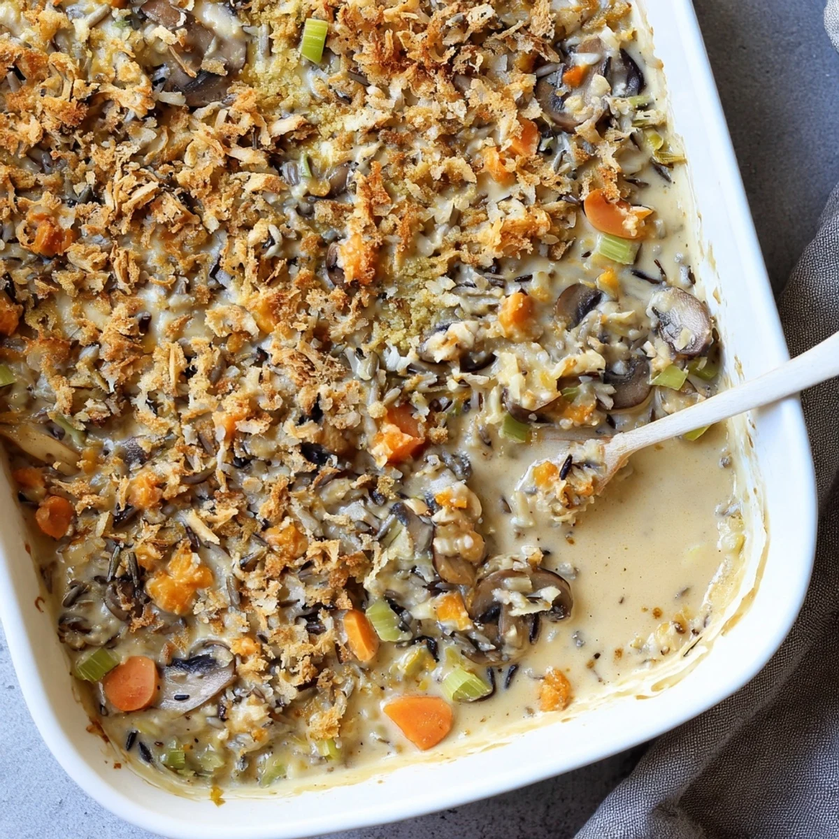 Golden-brown Creamy Mushroom and Wild Rice Casserole bubbling from the oven, topped with crisp Parmesan panko breadcrumbs.