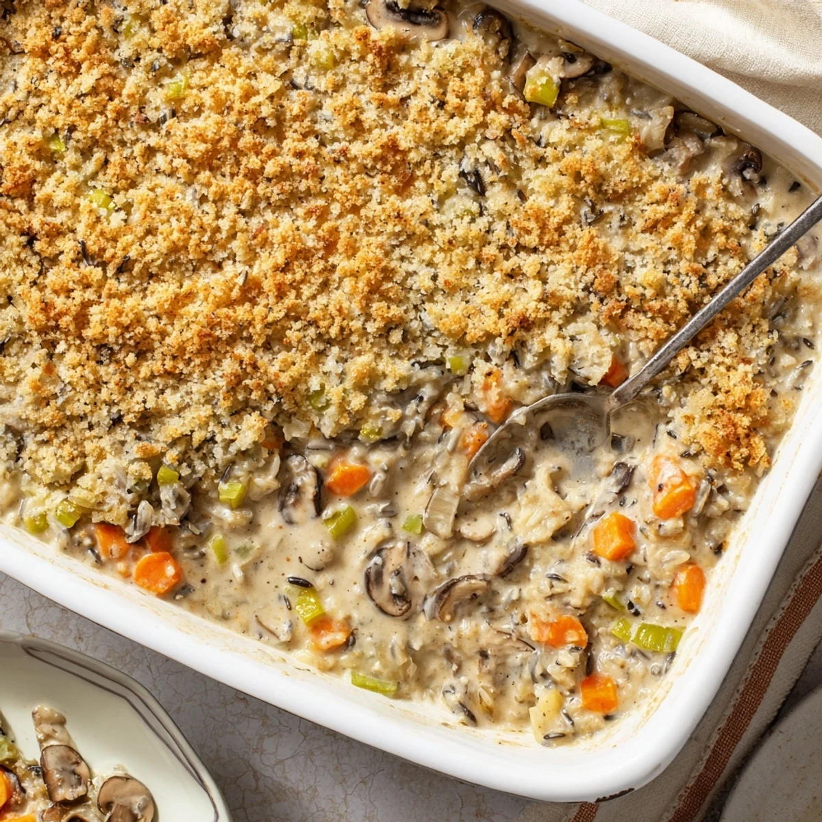 A generous slice of Creamy Mushroom and Wild Rice Casserole reveals a luscious, savory filling with tender vegetables and peas.