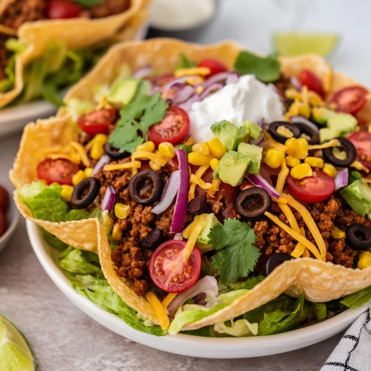 This hearty Beef Taco Salad with Homemade Tortilla Bowl features creamy avocado, sour cream, and fresh cilantro for a satisfying Mexican-American meal.