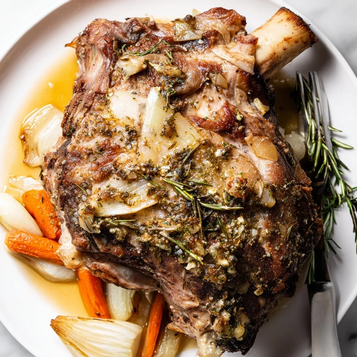 Slow Cooked Lamb Shoulder with Garlic Herbs rests on a bed of roasted carrots and onions, garnished with fresh rosemary.  