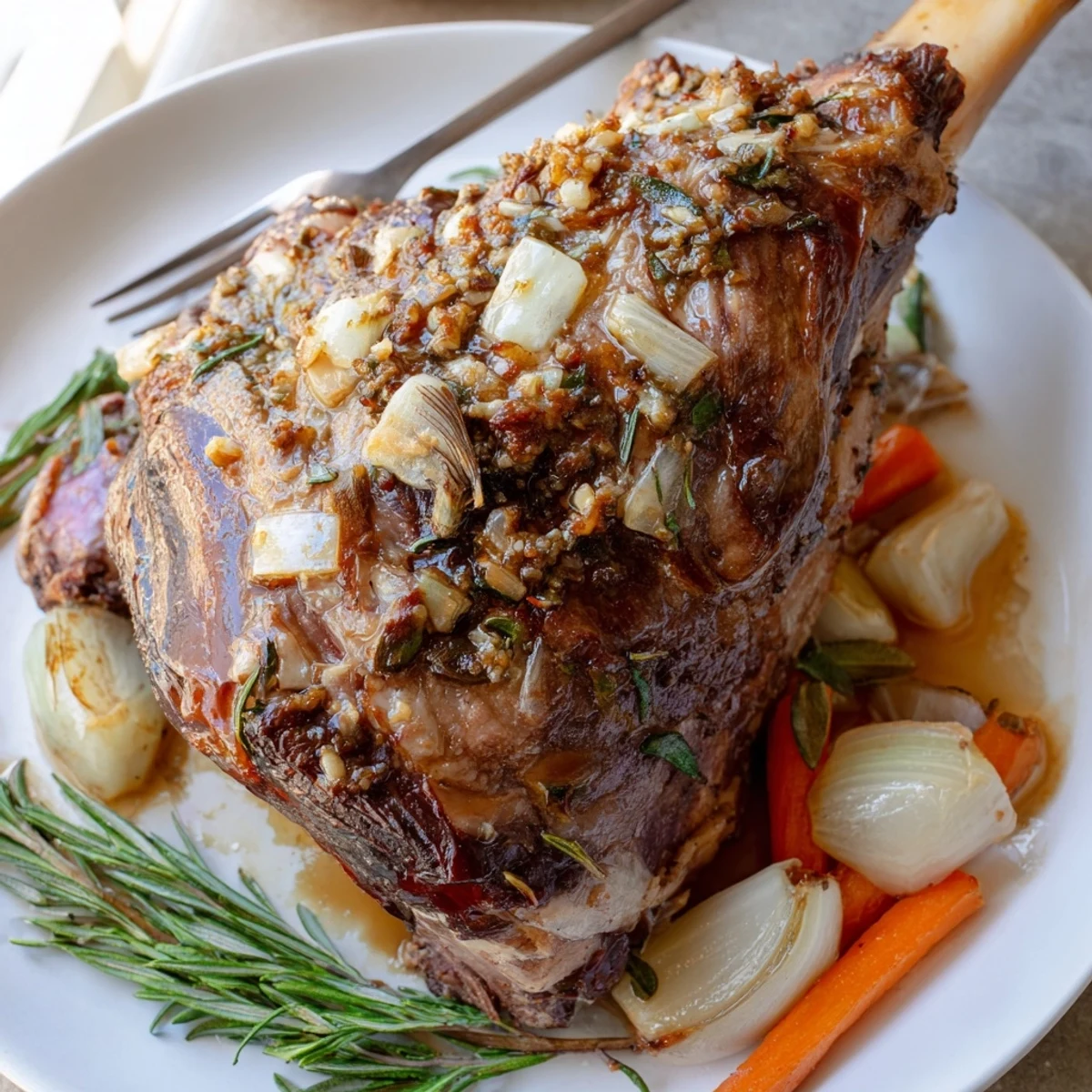 A close-up of Slow Cooked Lamb Shoulder with Garlic Herbs shows tender meat and glistening pan juices.  