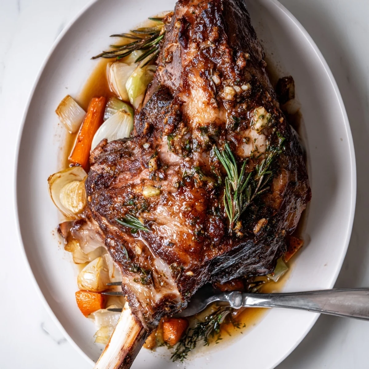 A plated Slow Cooked Lamb Shoulder with Garlic Herbs served alongside mashed potatoes and fresh herbs.