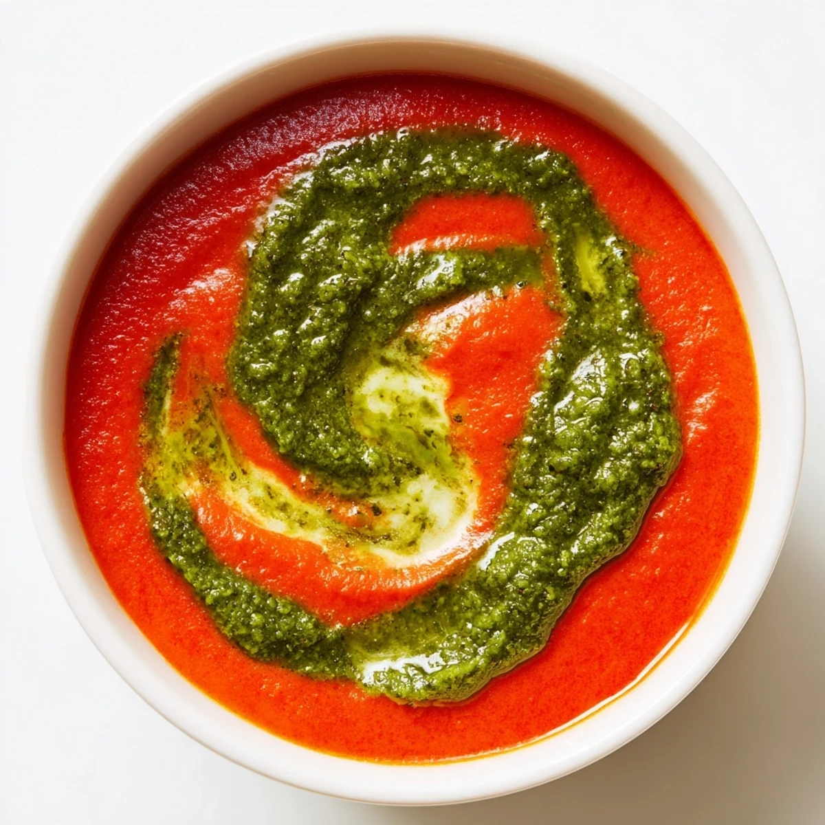 Creamy tomato soup with basil pesto swirl in a white bowl, garnished with fresh basil leaves for a comforting lunch.