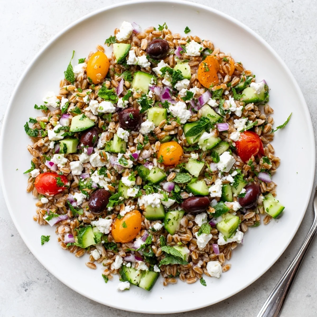 Freshly cooked farro is tossed with diced cucumber, cherry tomatoes, Kalamata olives, and crumbled feta in a vibrant Mediterranean farro salad.