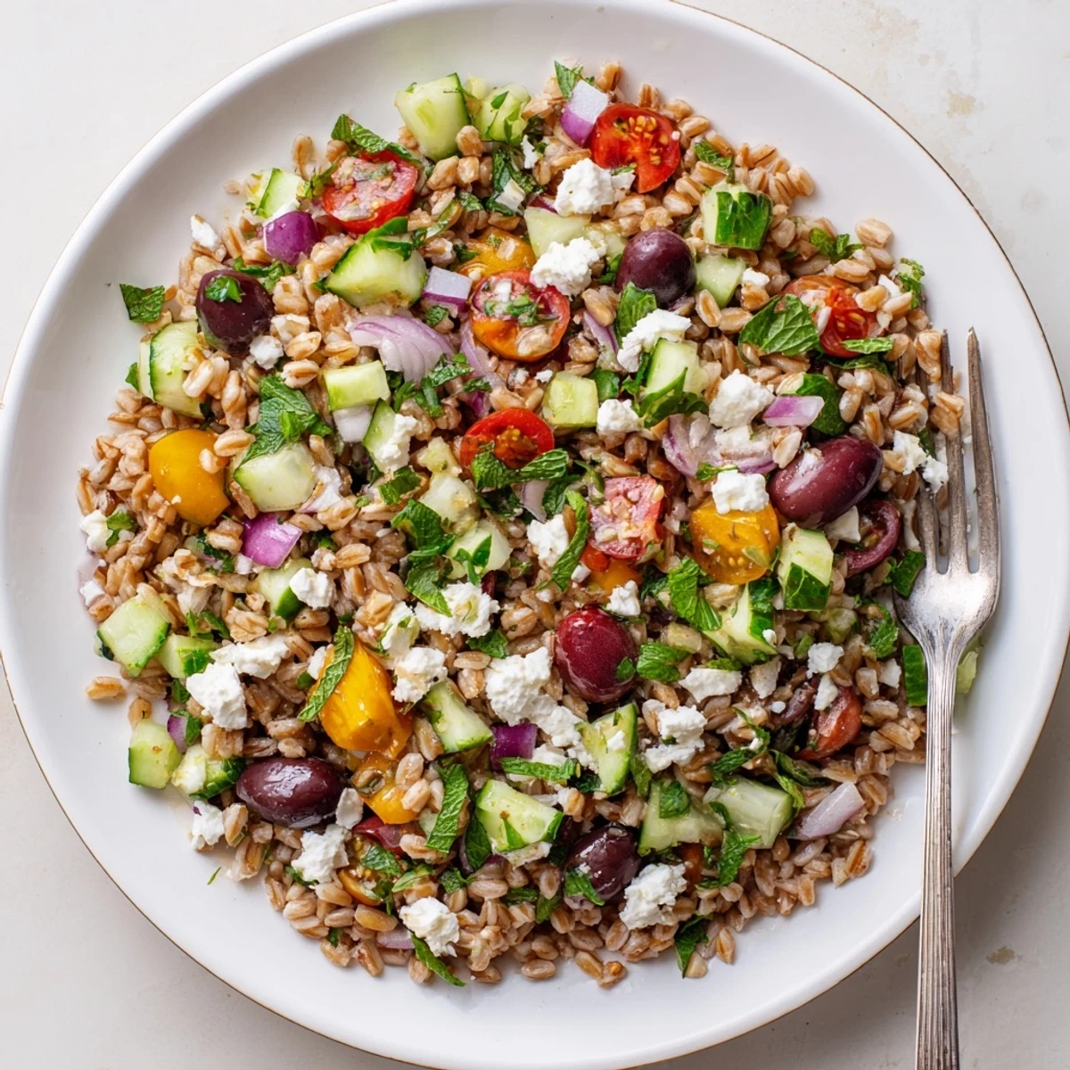 Hearty Mediterranean farro salad with cucumber and feta in a white bowl, garnished with parsley and mint.