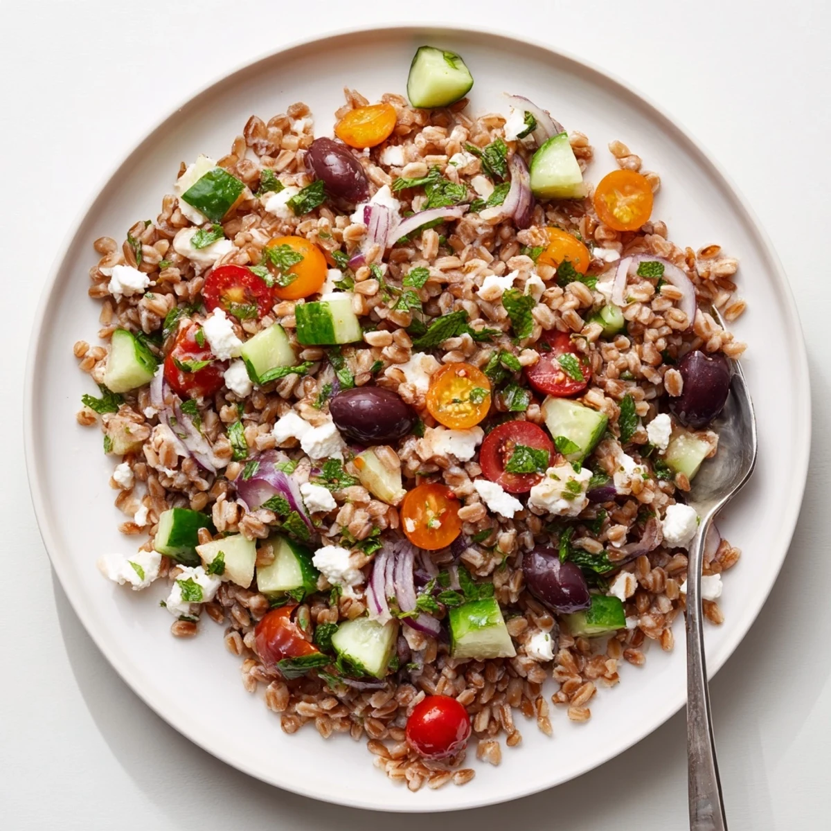 Bright Mediterranean farro salad with cucumber and feta, drizzled with zesty lemon-herb dressing and ready to serve.