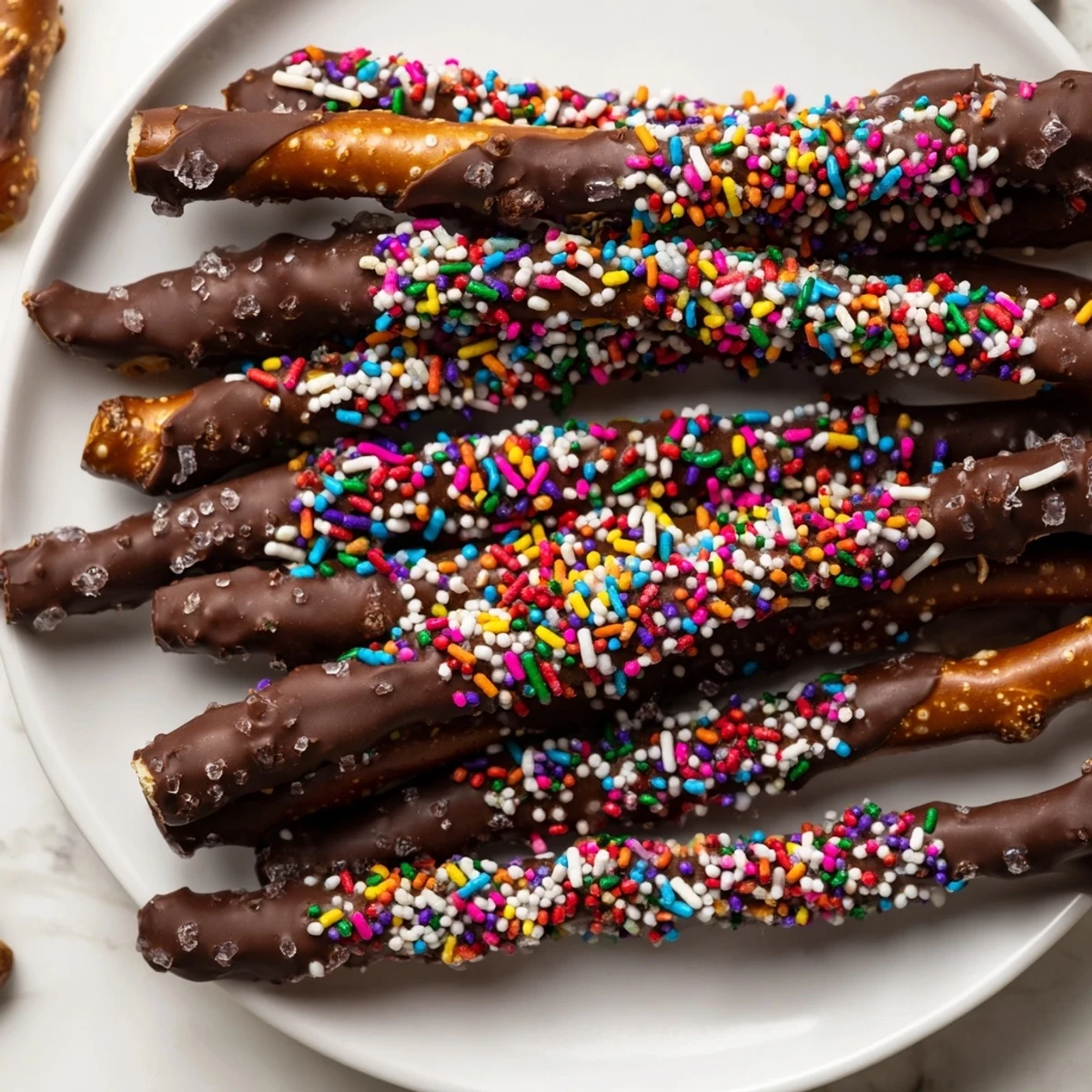 Chocolate covered pretzels with sprinkles arranged on a tray, ready for a festive party snack platter.