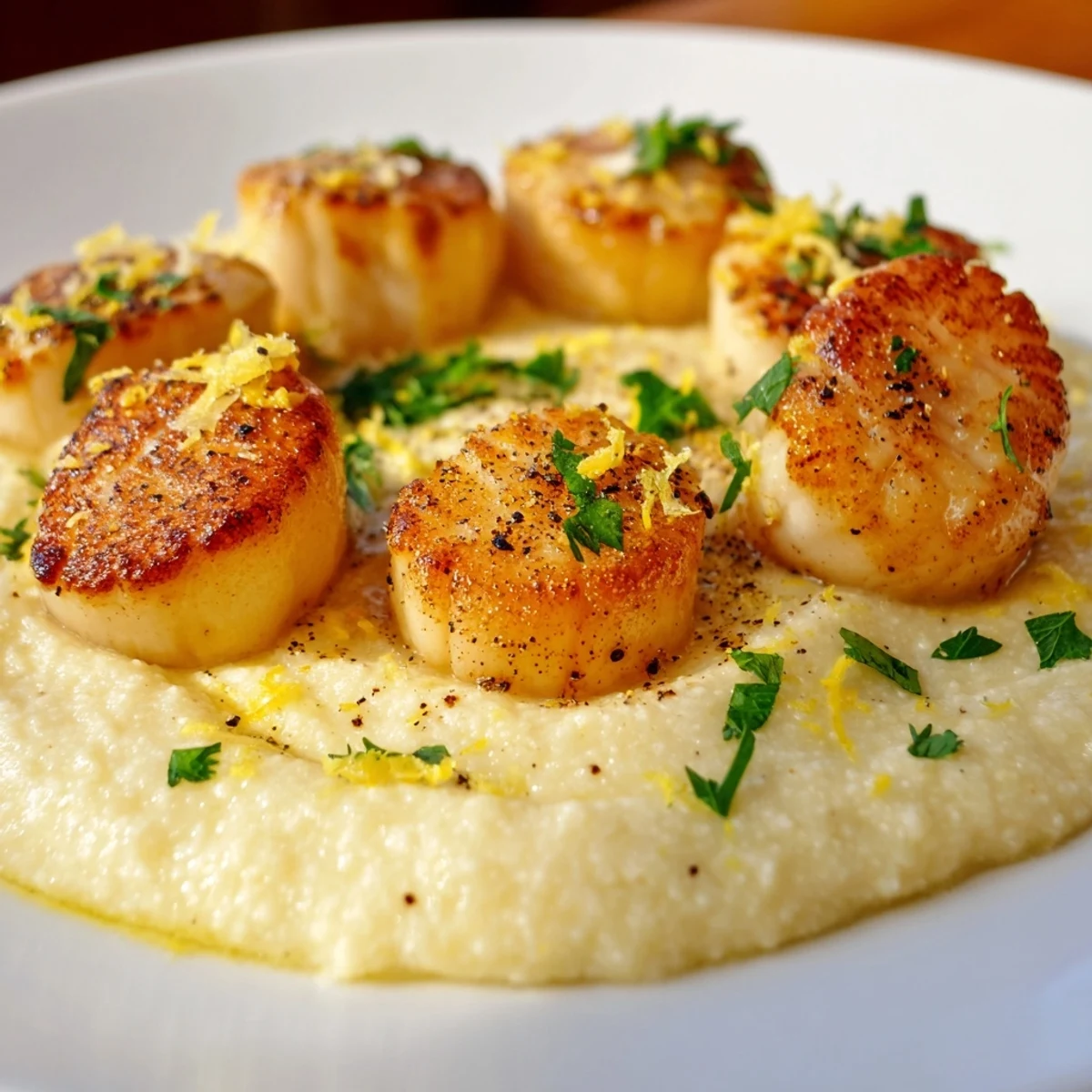 Golden-brown seared scallops nestled on creamy, Parmesan-infused polenta, garnished with fresh herbs and lemon zest.