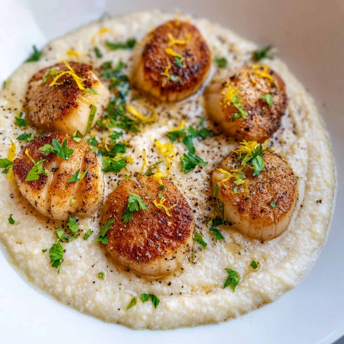 Succulent Romantic Scallops with Polenta plated elegantly, showcasing a golden crust and vibrant green garnish for a special dinner.