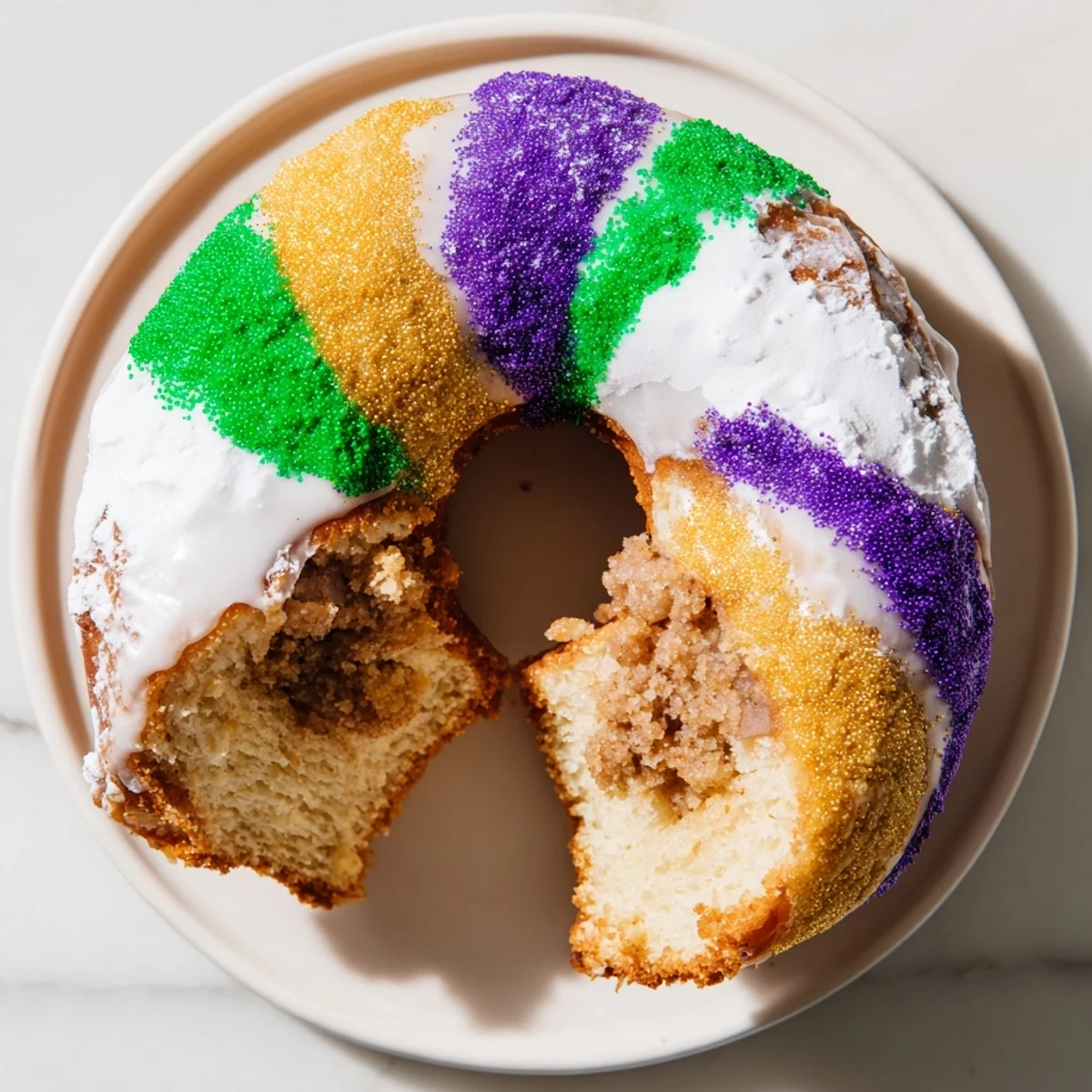 Freshly baked Mardi Gras King Cake Donuts rest on a wire rack, dripping with white vanilla glaze and coated in purple, green, and gold sugars.