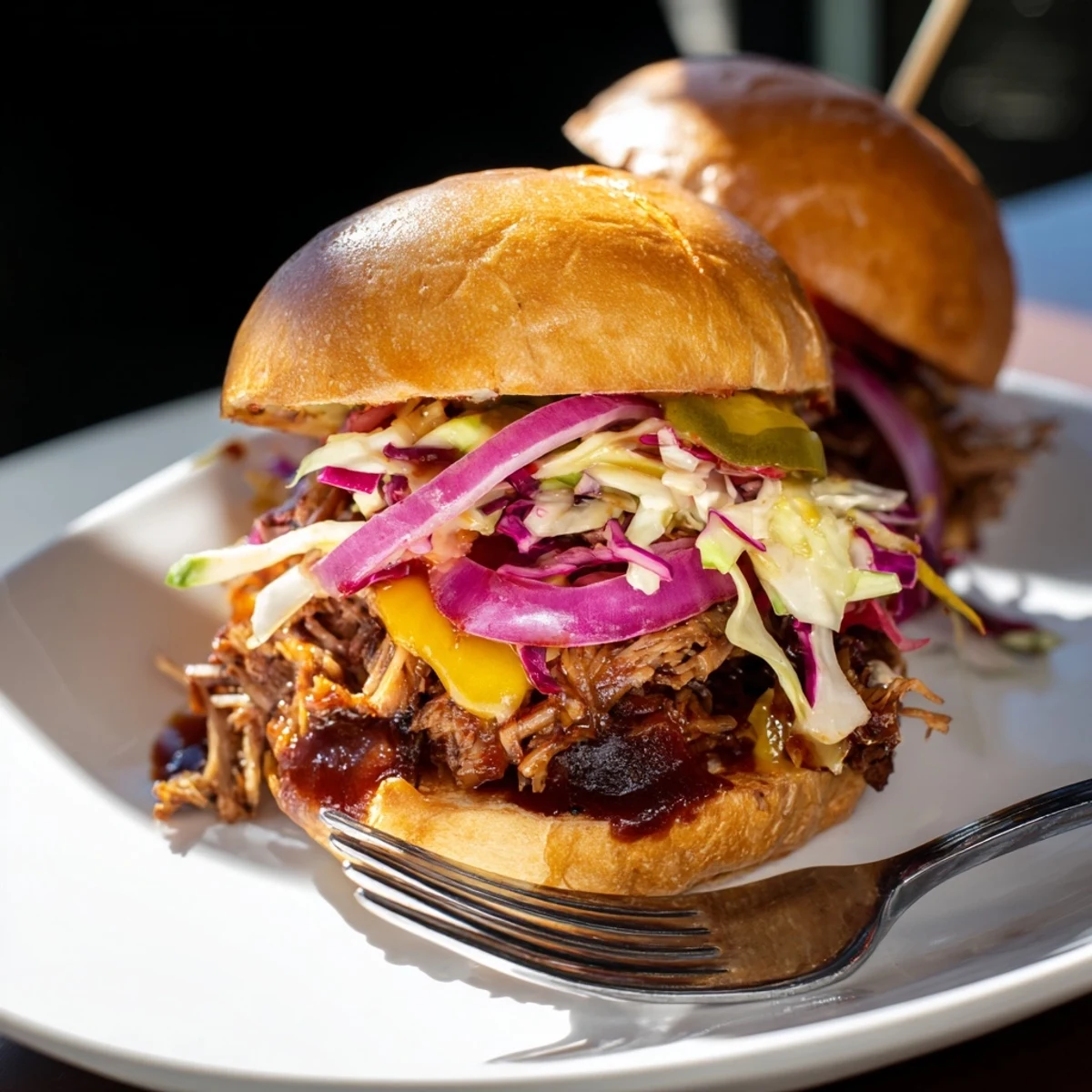 Freshly assembled MVP Beef Brisket Sliders with shredded beef and coleslaw on buttery toasted buns for a game day treat.