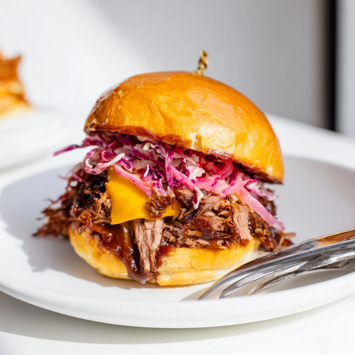 Close-up of tender MVP Beef Brisket Sliders topped with cheddar, red onion, and tangy BBQ sauce on a platter.