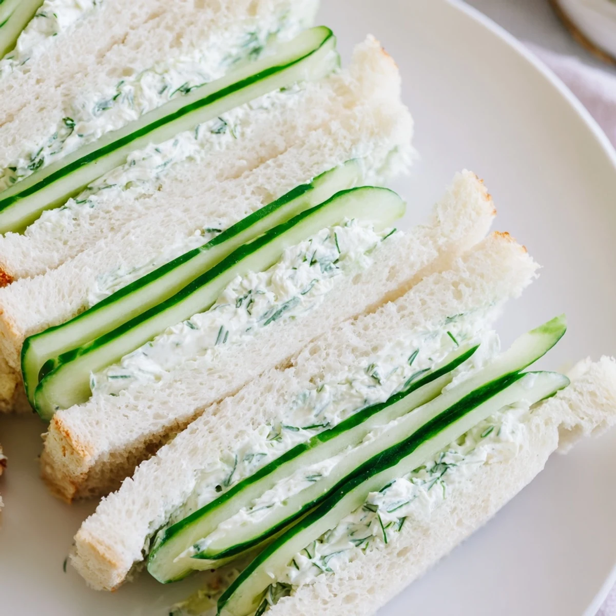 Green cucumber sandwiches with cream cheese arranged neatly on a platter for a classic tea party appetizer.  