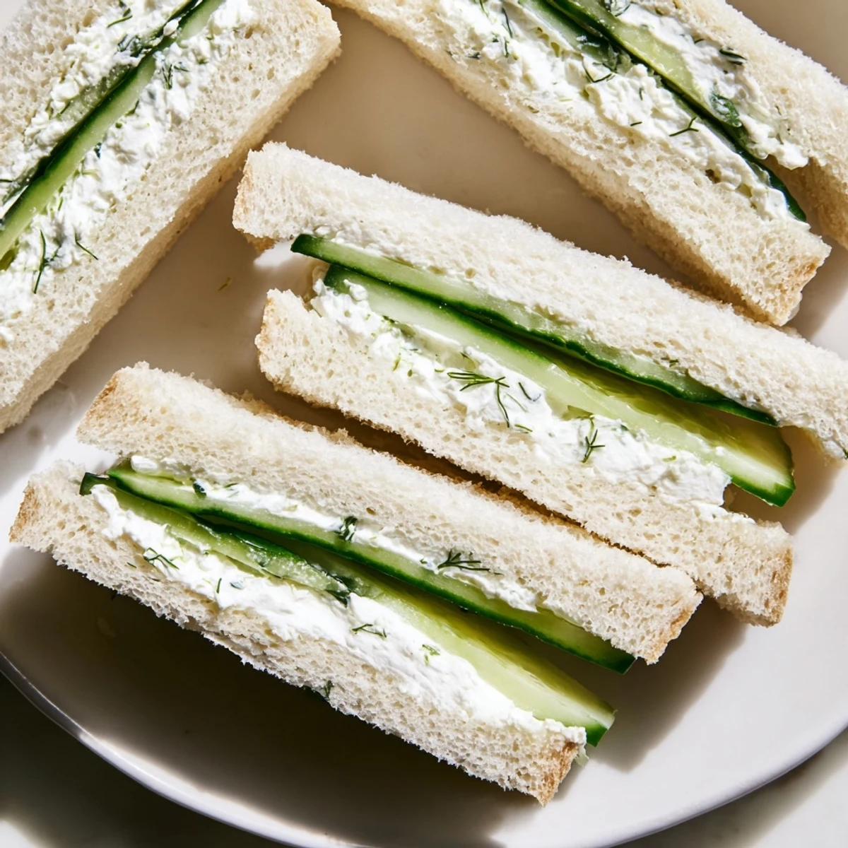 Close-up of herbed cream cheese and crisp cucumber slices between buttered white bread, perfect for afternoon tea.  