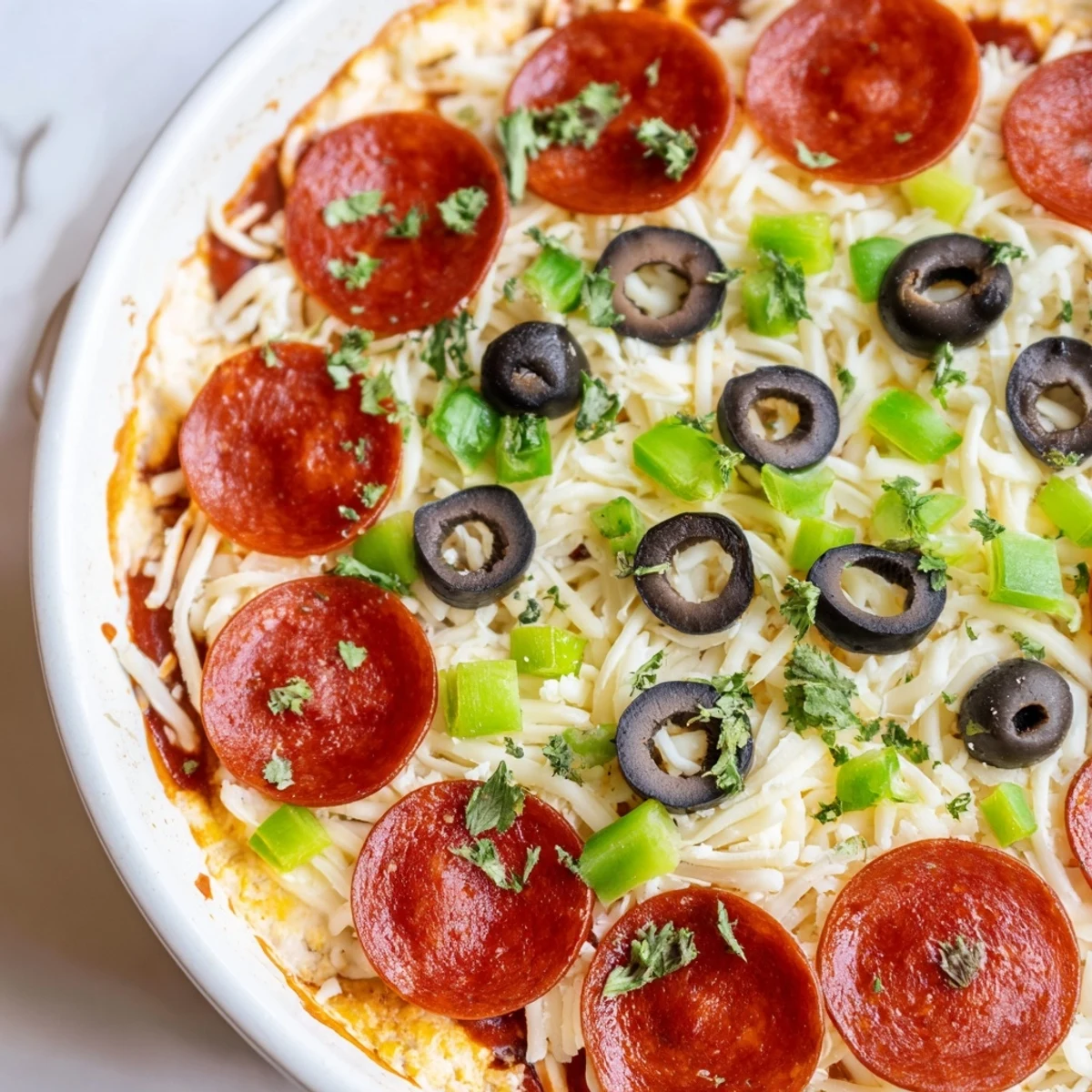A close-up of the Game Day Pepperoni Pizza Dip shows melted mozzarella, cheddar, and Parmesan with bell peppers and olives.  