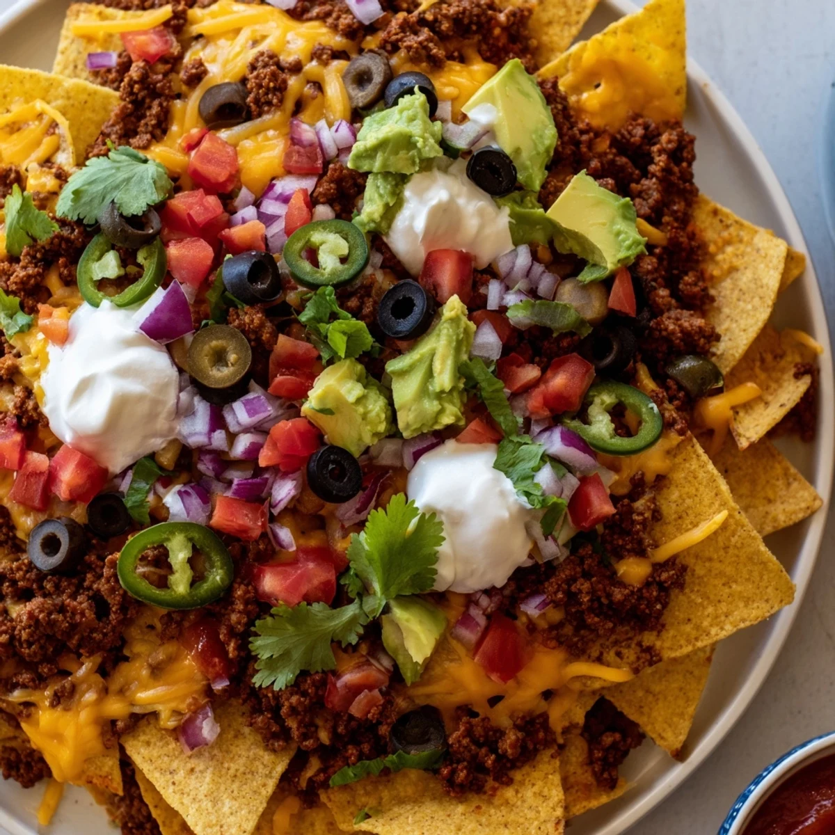 Golden tortilla chips piled high with spiced ground beef and melted cheddar on the Championship Nacho Platter, topped with fresh jalapeños and a dollop of sour cream.