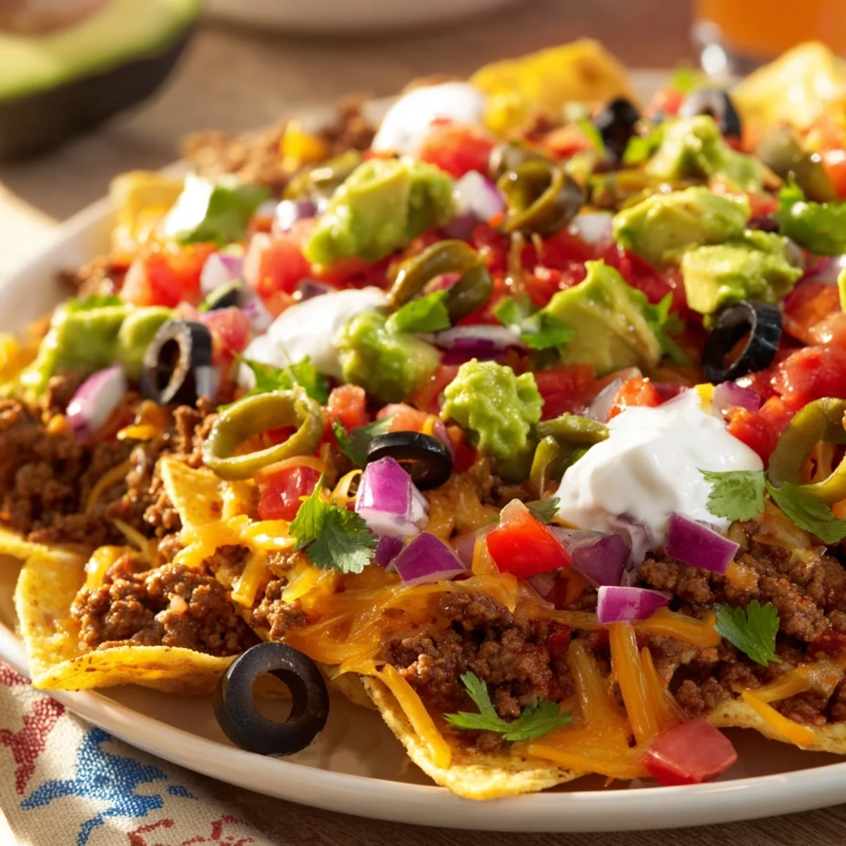 The Championship Nacho Platter with warm beef mixture and colorful toppings, served on a rustic tray with a side of salsa for dipping.