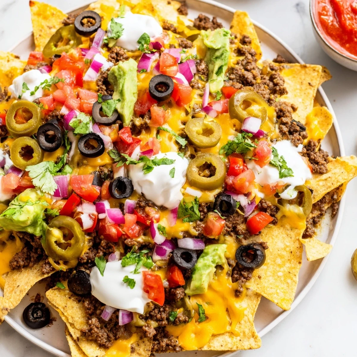 A close-up of the Championship Nacho Platter showing bubbly cheese, diced tomatoes, black olives, and creamy avocado, ready for a game day party.