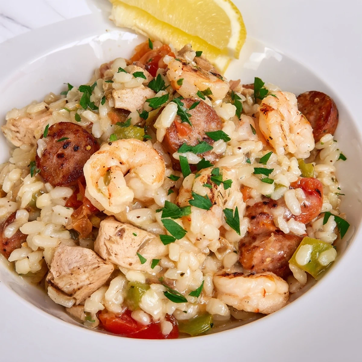 A serving of Creole Jambalaya Risotto is garnished with fresh parsley, featuring creamy Arborio rice with andouille sausage, chicken, and shrimp.