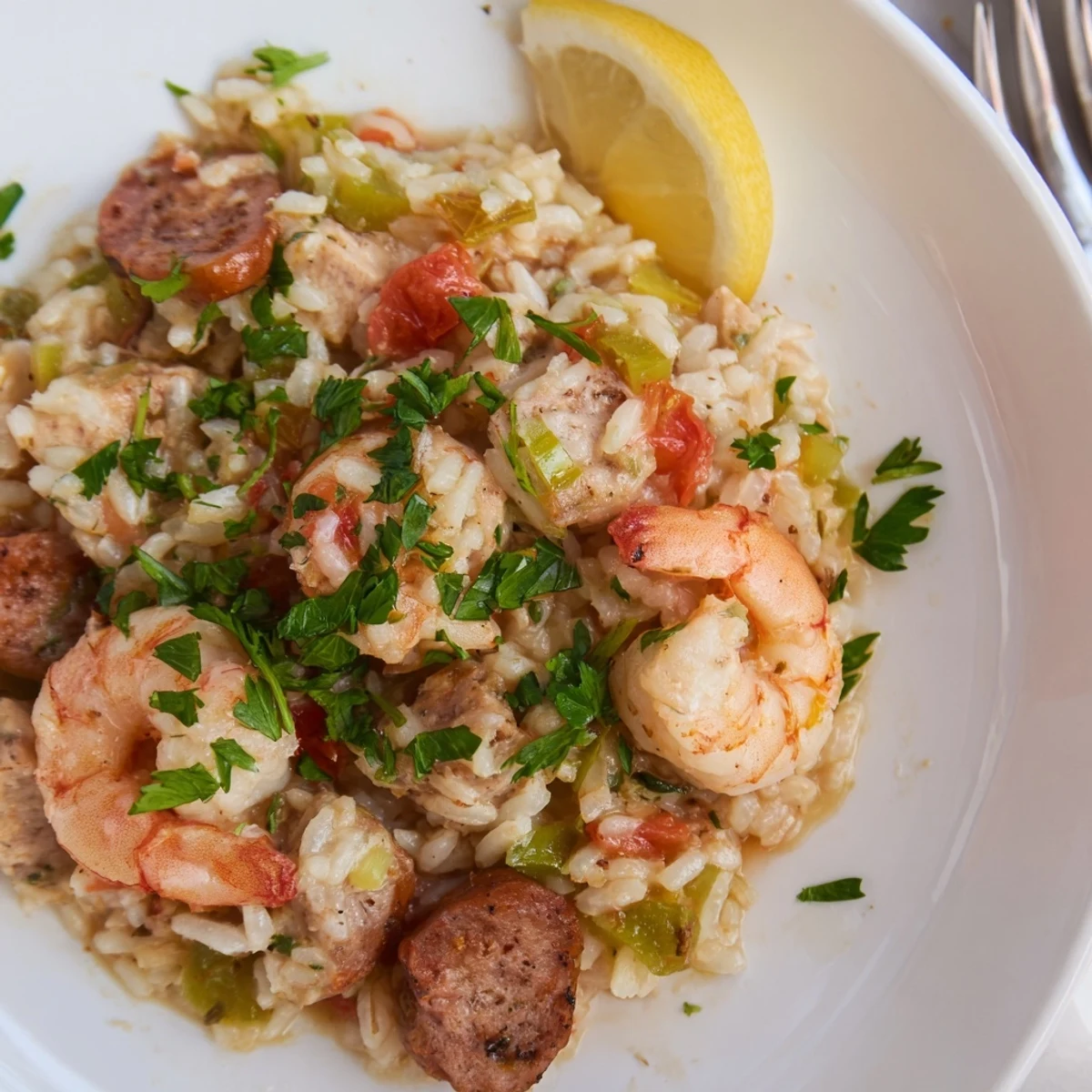 Close-up view of Creole Jambalaya Risotto showing pink shrimp, diced chicken, and green bell peppers mixed into the rich, tomato-infused rice.