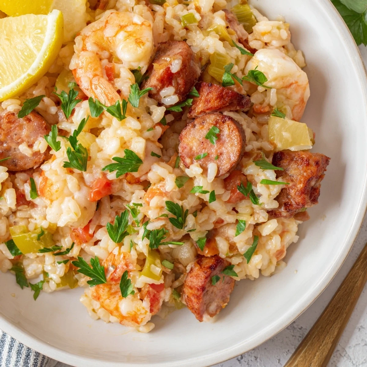 Sizzling Creole Jambalaya Risotto in a skillet, ready to be served with lemon wedges for a bright, citrusy finishing touch.