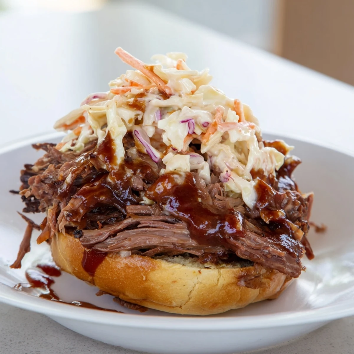 Freshly assembled slow roasted pulled beef sandwiches with soft toasted buns, crunchy slaw, and smoky barbecue sauce ready to serve at a family gathering.