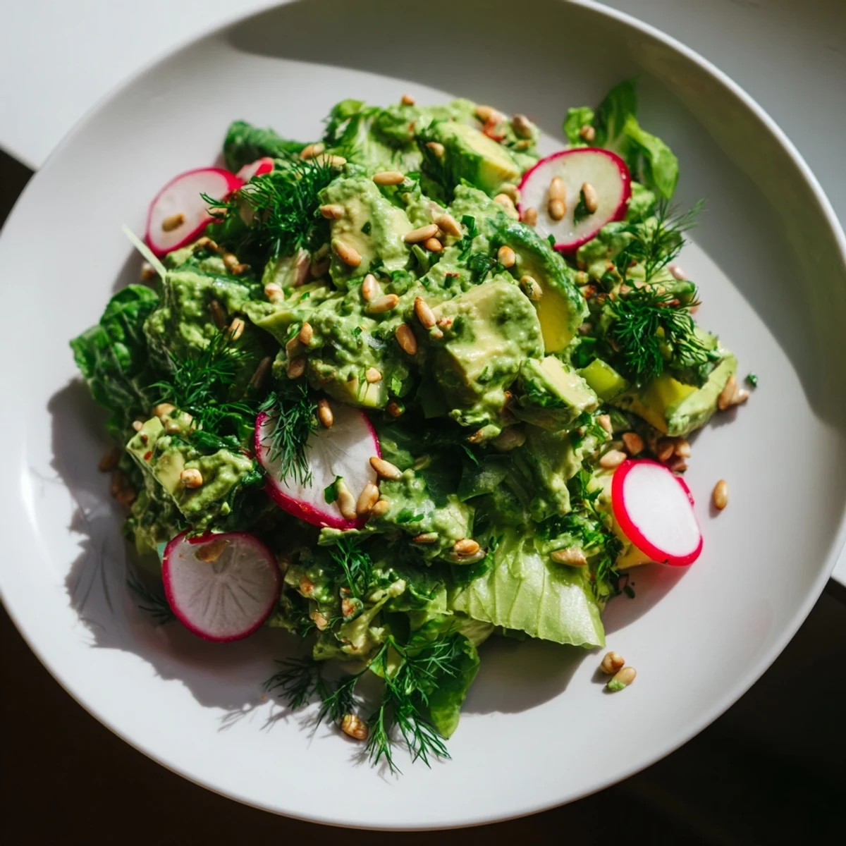 Green Goddess Salad with avocado and cucumber tossed in creamy herb dressing and topped with crunchy sunflower seeds.