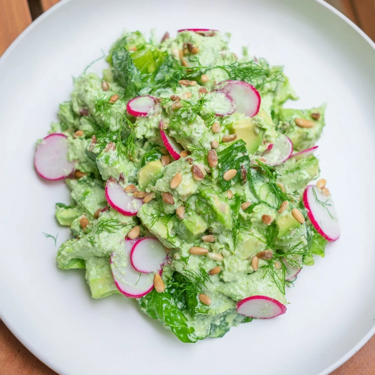 Freshly chopped romaine, cucumbers, and creamy avocado pieces coated in bright green goddess dressing.