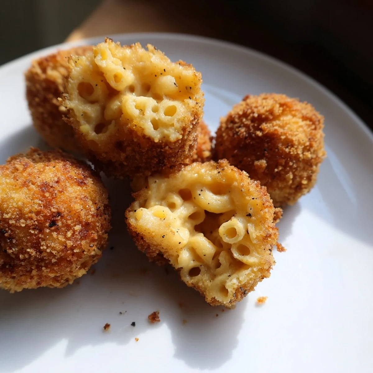 Golden Fried Macaroni and Cheese Balls lined up on a wire rack, crispy panko coating and steam rising from freshly fried centers.
