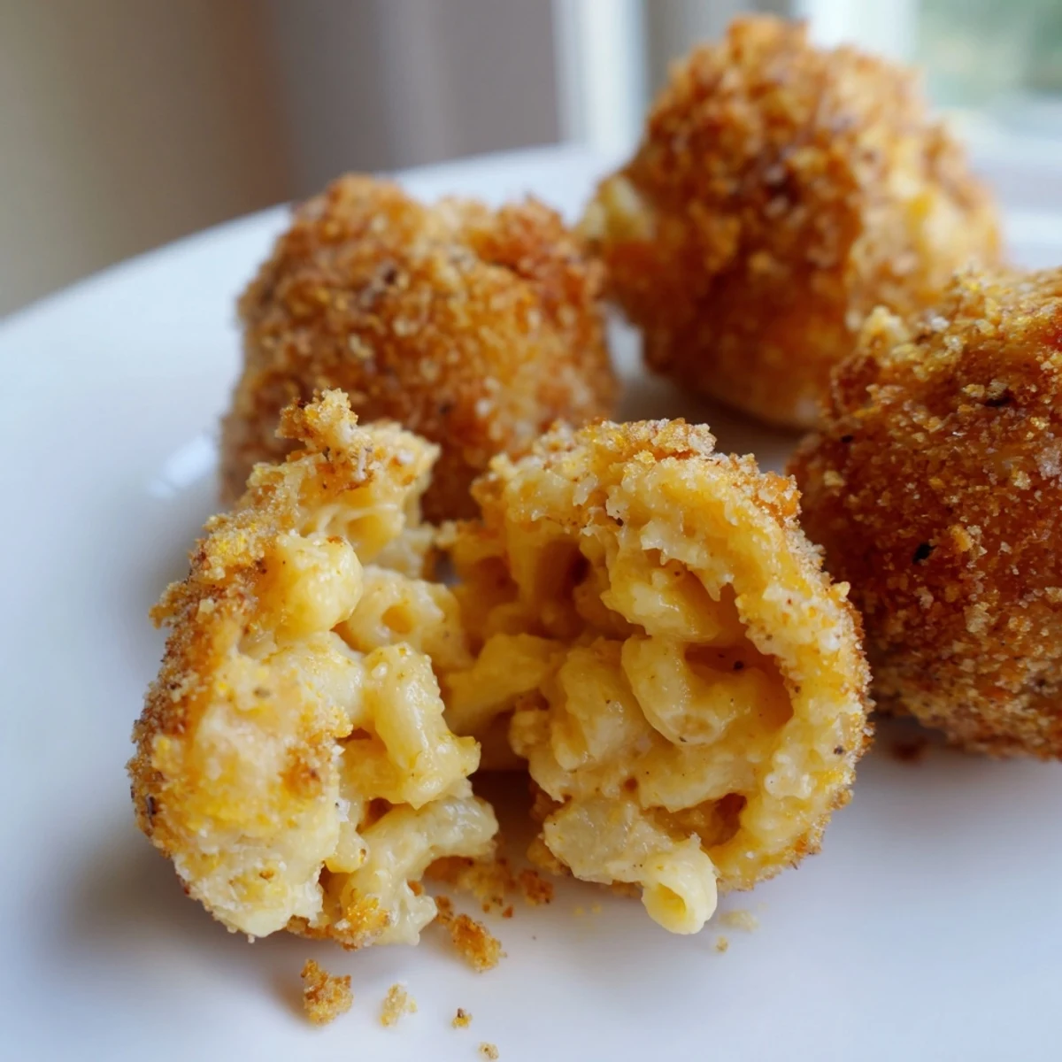 Breaded Fried Macaroni and Cheese Balls served on a platter with creamy marinara dip and fresh parsley garnish.