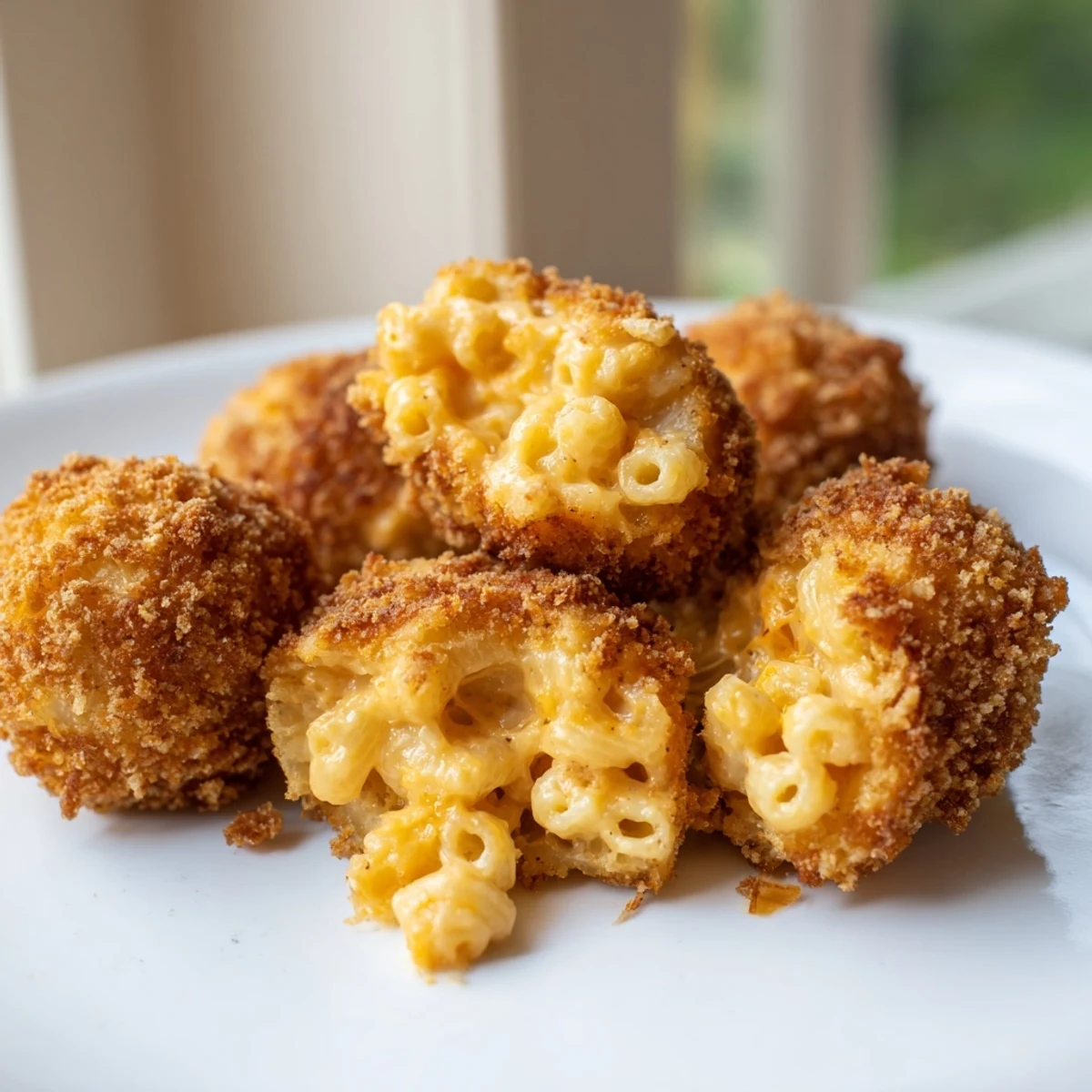 Half-bitten Fried Macaroni and Cheese Balls revealing gooey, melted cheddar and mozzarella inside and a crunchy crust.