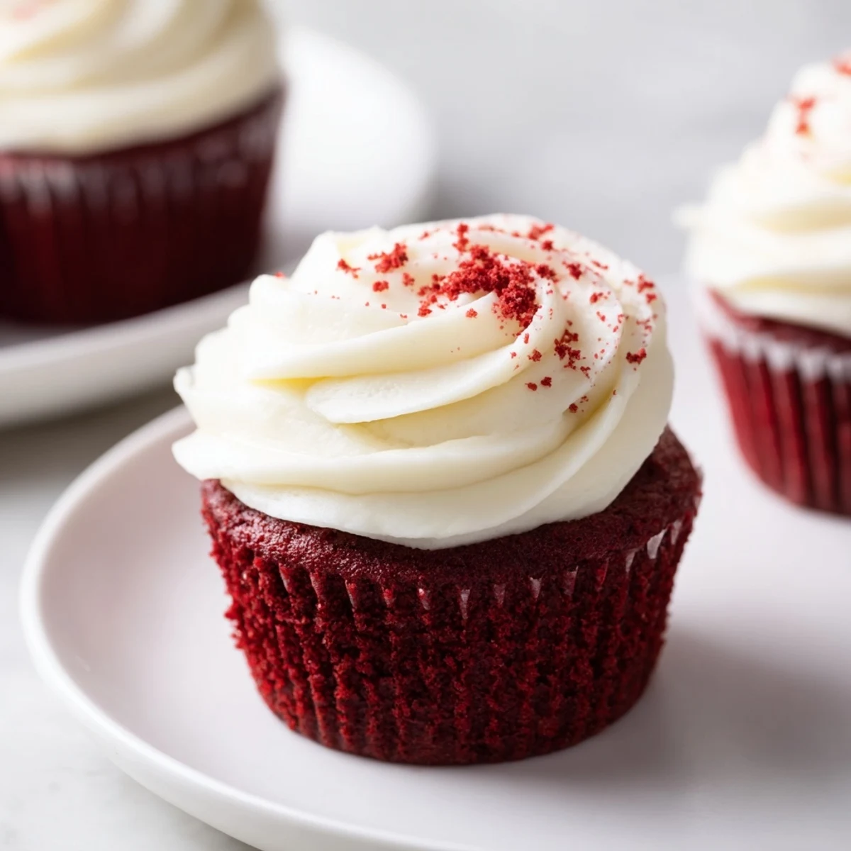 Moist red velvet cupcakes with a velvety crumb, generously swirled with tangy cream cheese frosting and a sprinkle of crumbs.  