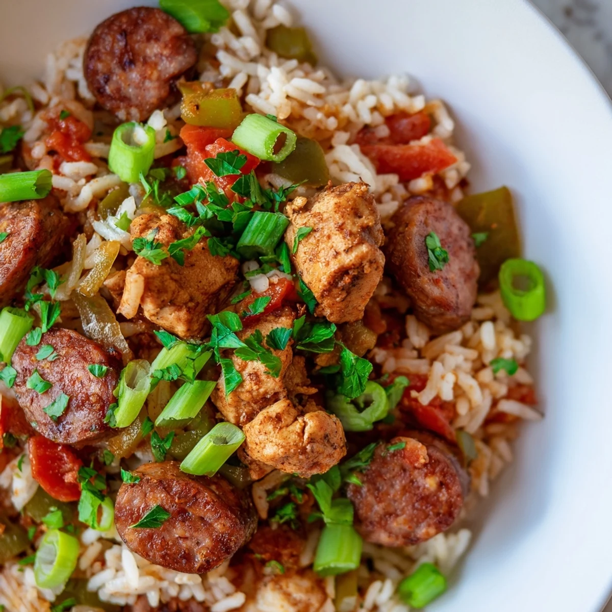 A close-up of Jambalaya with Chicken and Beef Sausage, showing tender meat and rice nestled in a rich tomato base.