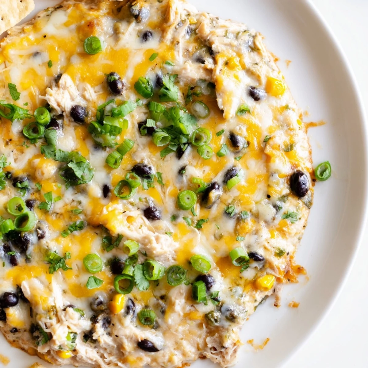 A creamy Chicken Enchilada Dip topped with melted cheddar, Monterey Jack, and diced jalapeños for a spicy kick.